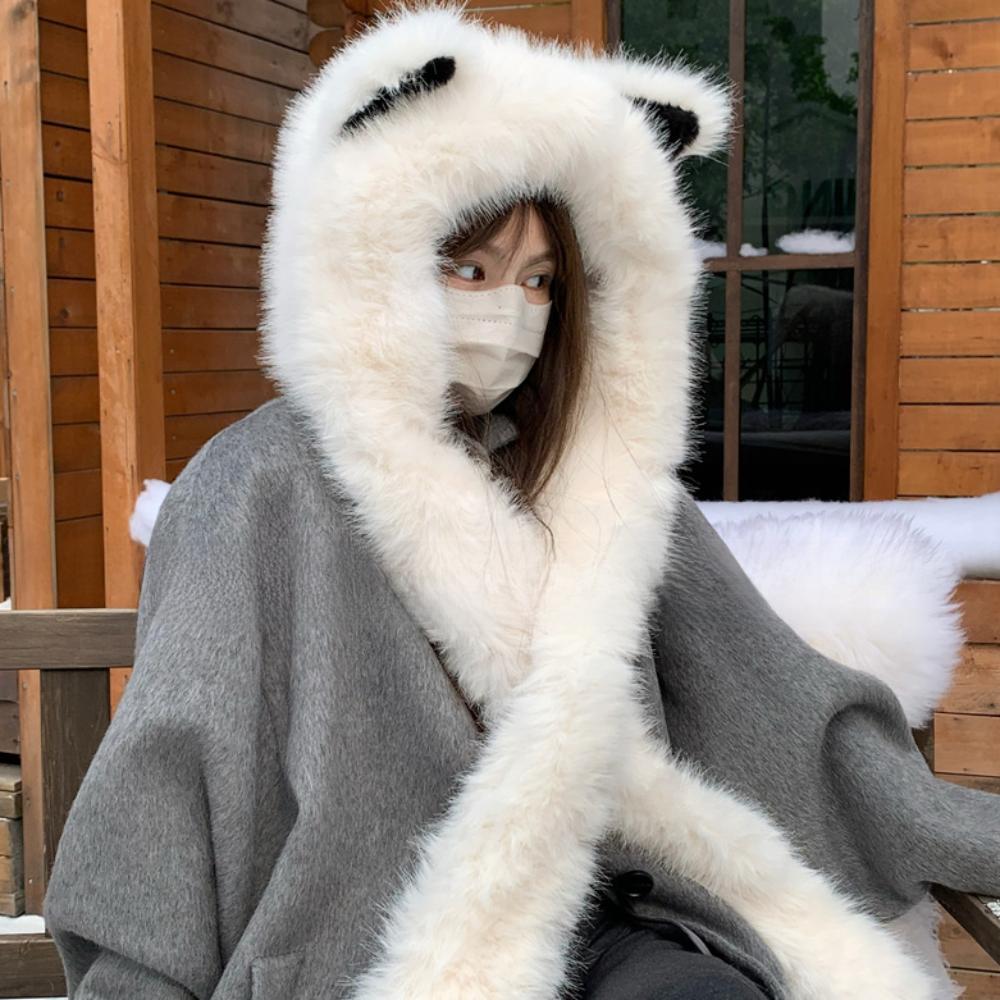 Windproof Plush Vixen Ear Beanie Hat Thicken Hooded Scarf Cute Integrated Cap Scarf Outdoor