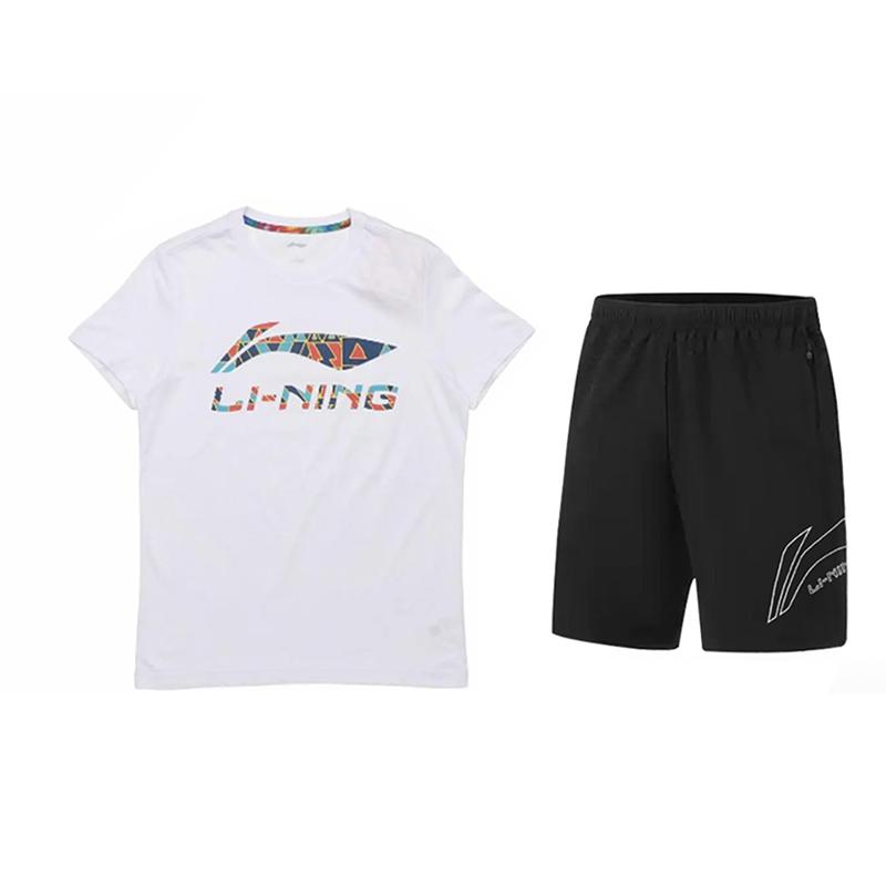 

Li Ning Футболка с круглым вырезом и надписью, универсальная, дышащая, с коротким рукавом, шорты со средней посадкой, повседневный спортивный комплект, унисекс, комплекты AHSUA19-1+YKSV117-1 M
