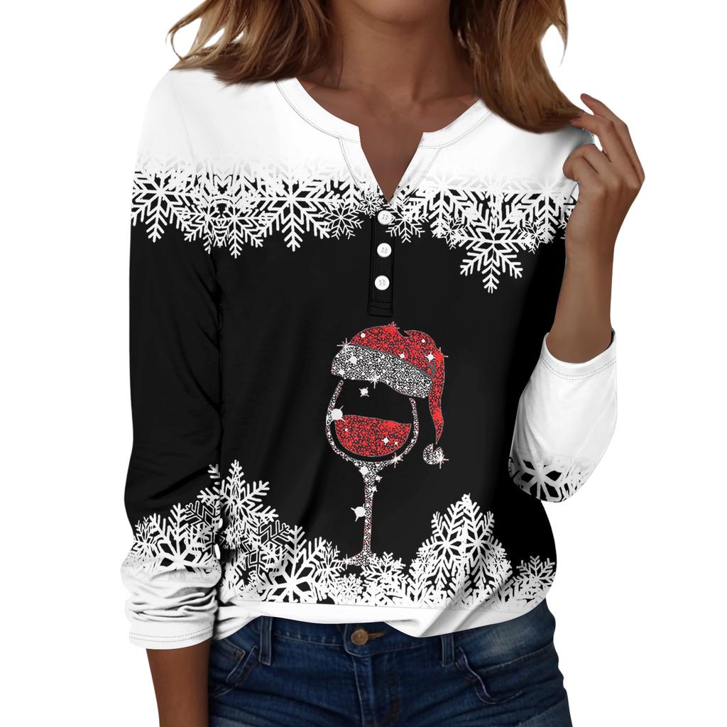 Damen T-Shirt mit Weihnachtsdruck, Knopfleiste, lange Ärmel, für den Alltag, Wochenende, modisch, Basic, V-Ausschnitt, normales Oberteil