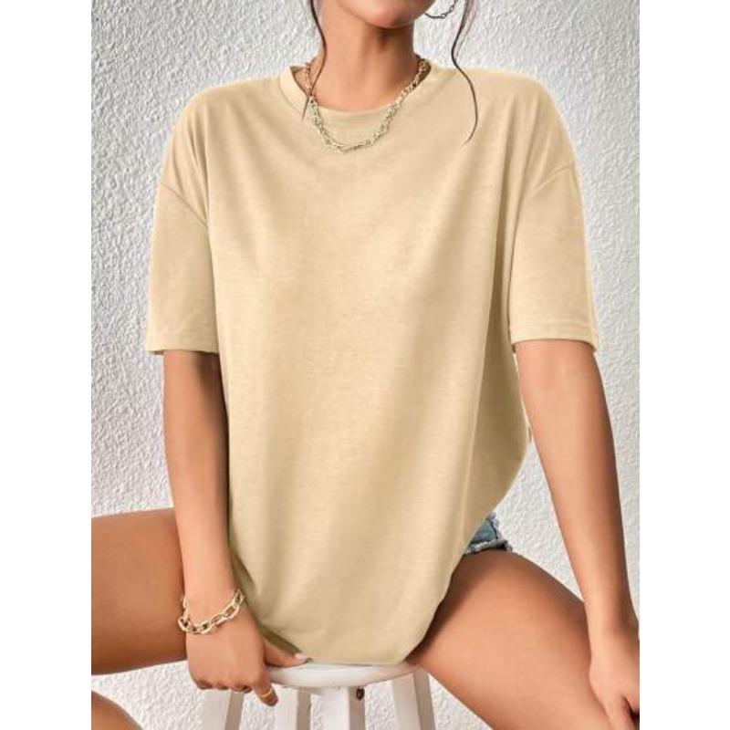 Tricou casual de damă de primăvară și vară, cu gât rotund, culoare uni, mânecă scurtă