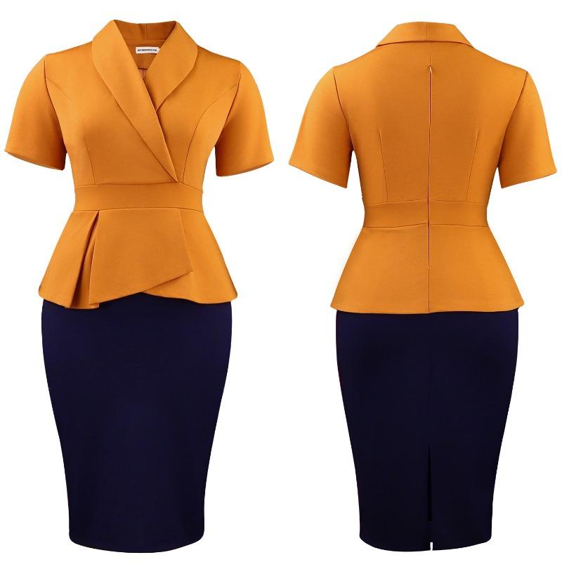 Übergröße Damen Kurzarm Rüschen Farbblock Hoher Bund Bodycon Midi Kleid