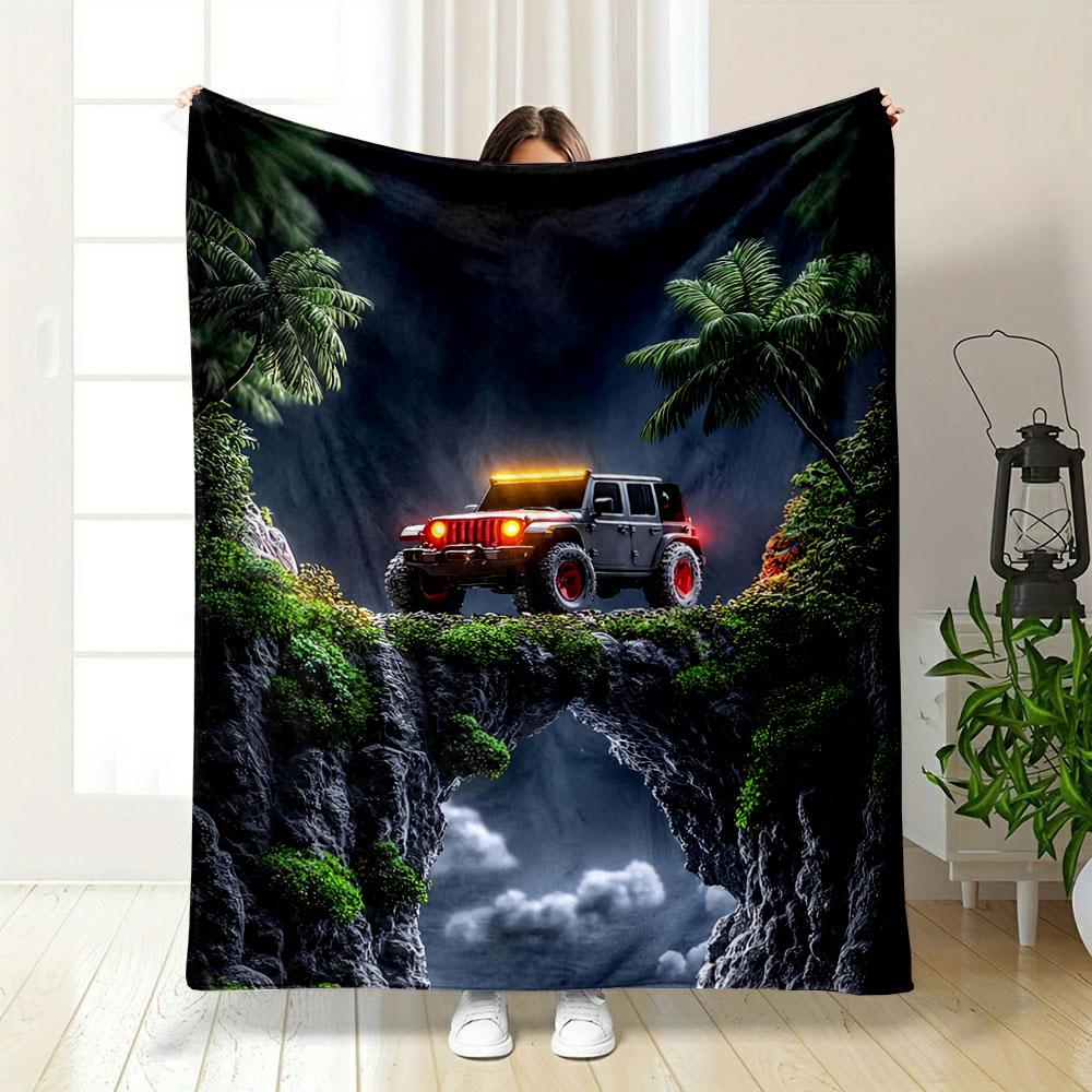 A jeep with glowing lights on a rocky bridge, surrounded by palm trees. for all seasons blanket lunch break throw gift