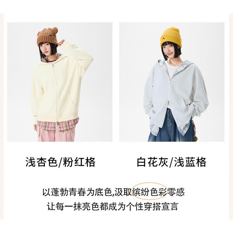 Unisex Kareli Kapüşonlu Fermuarlı Sweatshirt Sahte İki Parça Oversize Günlük Kazak