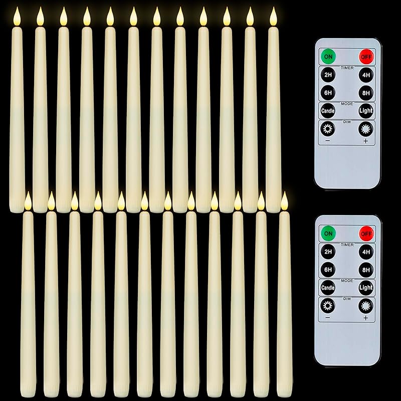 Homemory 12 Pcs Flameless Taper Candles with Remote Timer Dimmer, 11 inches Ivory Taper Candles Battery Operated, Plastic LED Candlesticks with