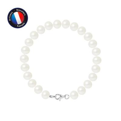 Bracelet - - Genuine Freshwater Cultured Pearl 7-8 Mm - 925 Silver - Carabiner - Length 18 Cm