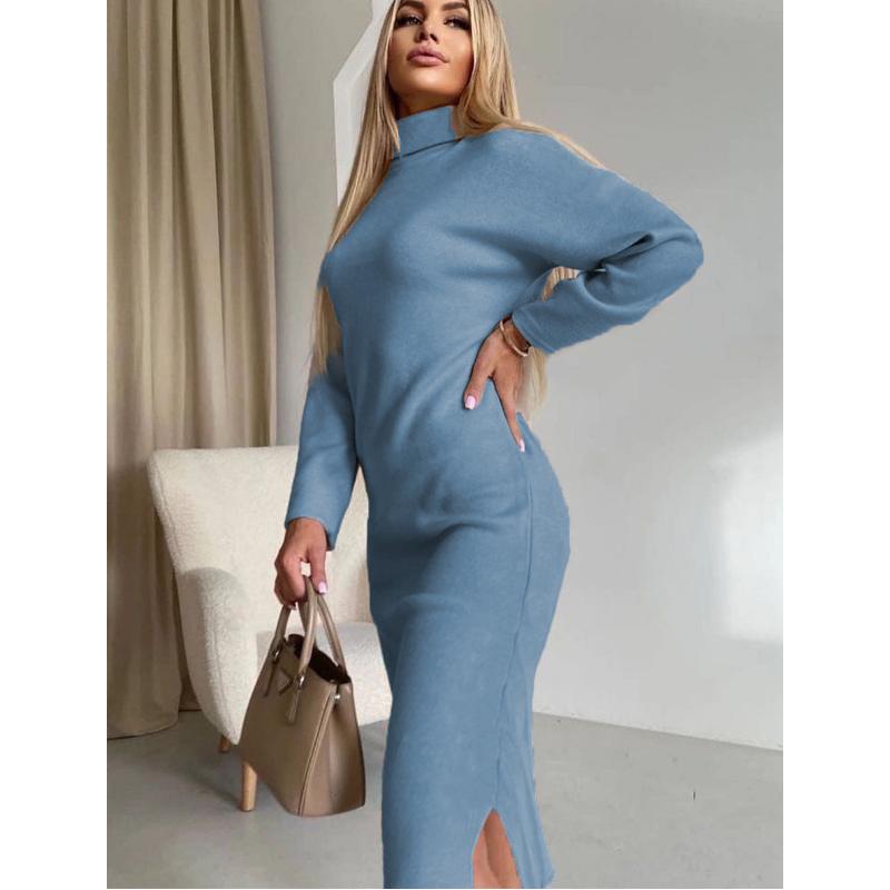 Samt-Rollkragen-Hemd für Damen Herbst und Winter Neues Kleid mit langem Schlitz für Damen