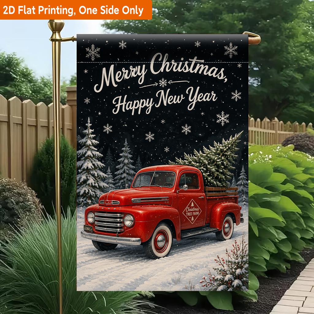 2D Flat, 2D Flat Printing Garden Flag 1pc, Red Truck Carries Christmas Tree Durable Single-Sided Print Yard Flag, Garden & Home Holiday Decoration, 29