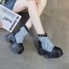 Fashion 11cm Denim Genuine Leather Women Fashion Spring Canvas Ankle Boots Platform Wedge Autumn Fashion High Brand Hidden Heels Shoes