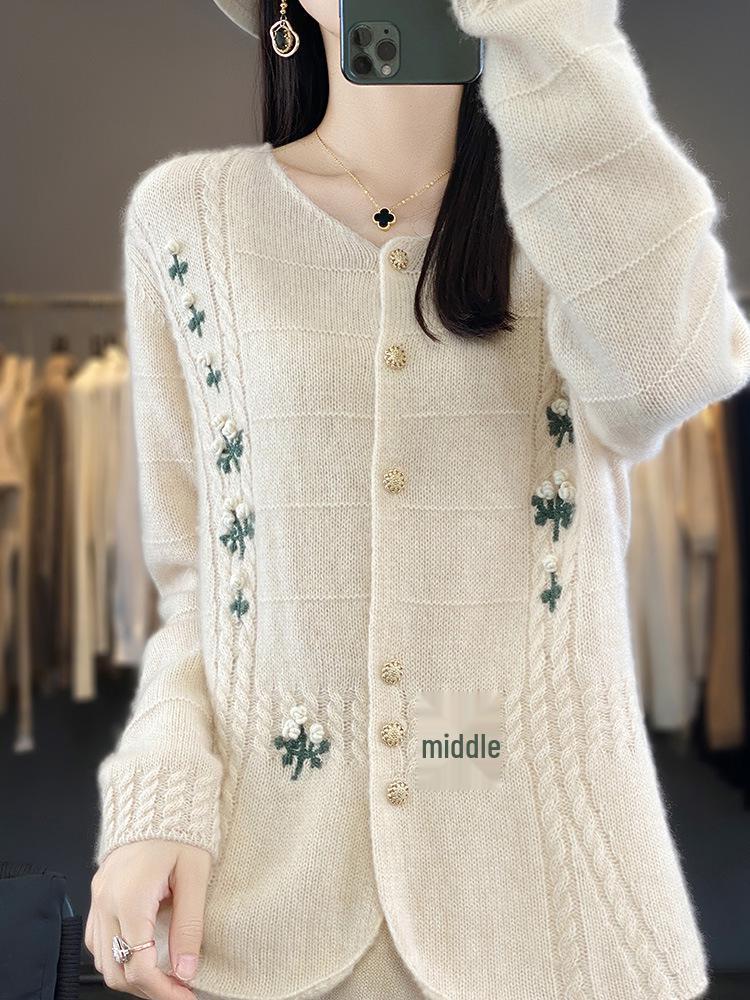 Korean Style High-Design Embroidered Wool Cardigan, Crew Neck, Long Sleeve Knitwear for Spring & Autumn