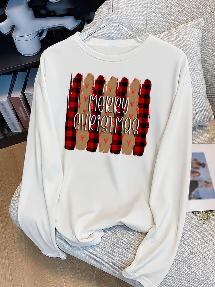 (Asian Size) plaid trend cute Print T Shirt Christmas new year Graphic Tee Women autumn winter Casual Fashion Top Clothing Long Sleeve T-shirts