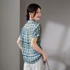 SOFSIL Women's Retro Plaid Silk Short-Sleeve Shirt