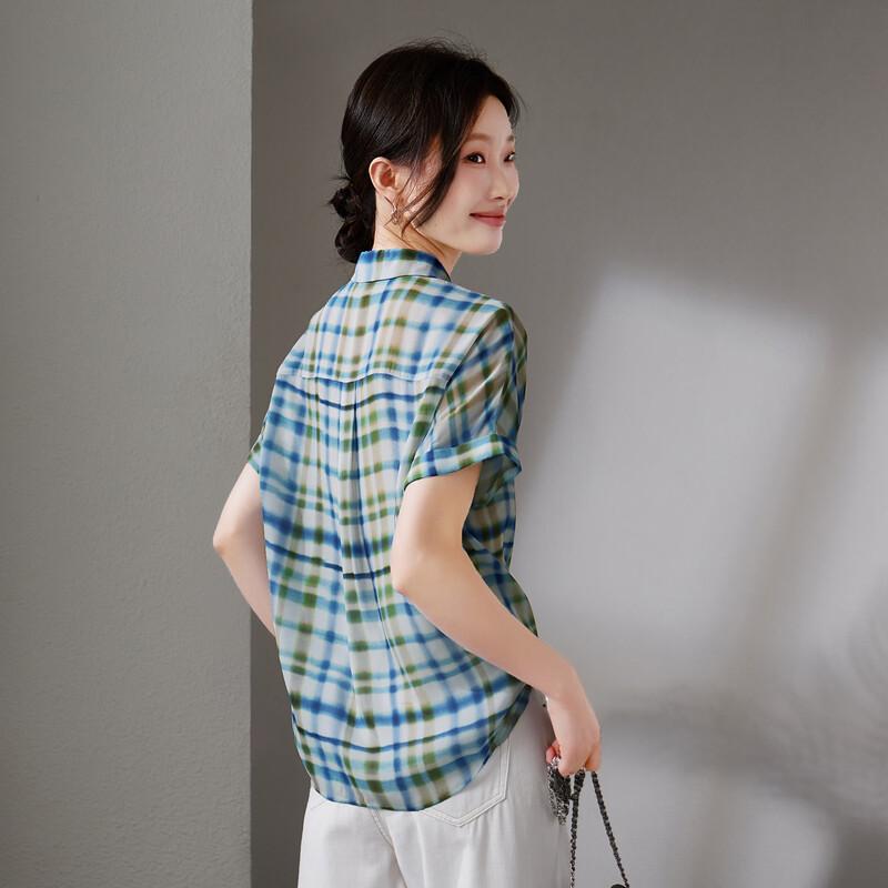 SOFSIL Women's Retro Plaid Silk Short-Sleeve Shirt