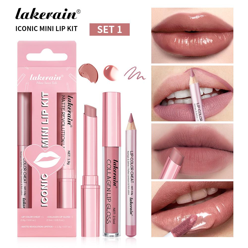 3-teiliges Lippen-Make-up-Set Lipliner Lipgloss Lippenstift Spiegeleffekt Beep Lips Hohe Farbe Lang anhaltend Spendet Feuchtigkeit Reise-Mini-Set