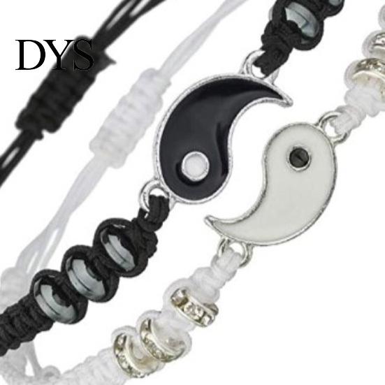 Vintage Bracelets 2Pcs Couple 2 Matching Yin Yang Hand Knitted Unisex Men Women Shiny Rhinestones Adjustable for Valentines Day Tai Chi