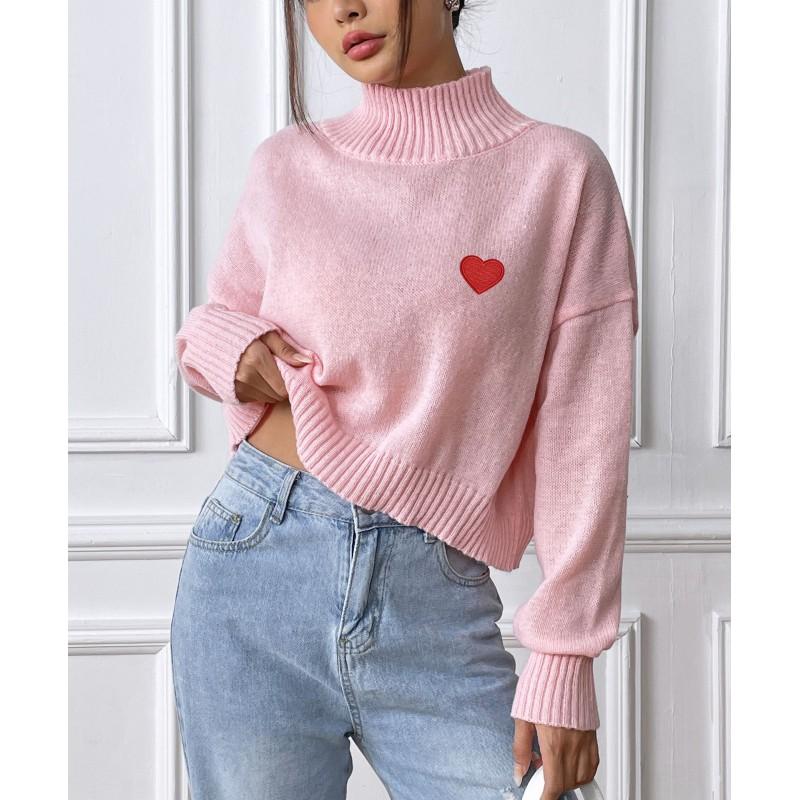 Womens Short Cropped High Neck Sweater Loose Fit Heart Print Casual Pullover Knit Top