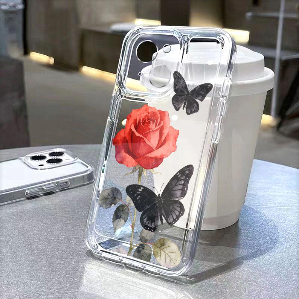 Red Rose with Black Butterflies lucency Phone Case for IPhone 14 15 16 13 12 11 17 Pro Max 12 13 Mini Soft Cover