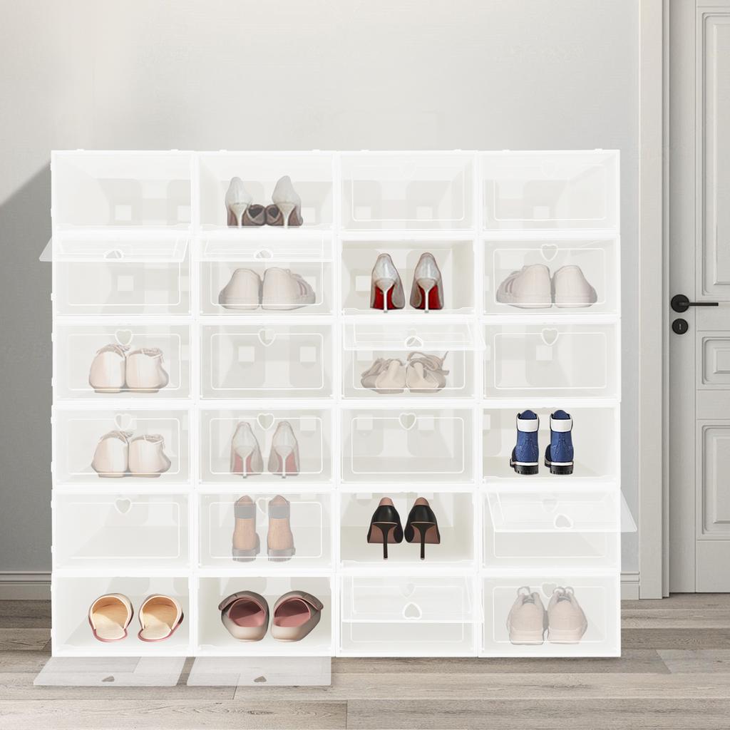 24-Pack Large Shoe Boxe, Clear Stackable Shoe Organizer, Heart Design White Storage Bins, Thick Plastic Closet Organizers