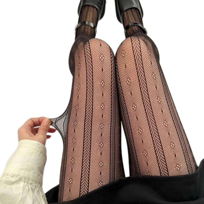 Women Sexy Hollowed Out Sheer Fishnet Pantyhose Aesthetic Vintage Striped Flower Patterned Leggings Fine Mesh Tights