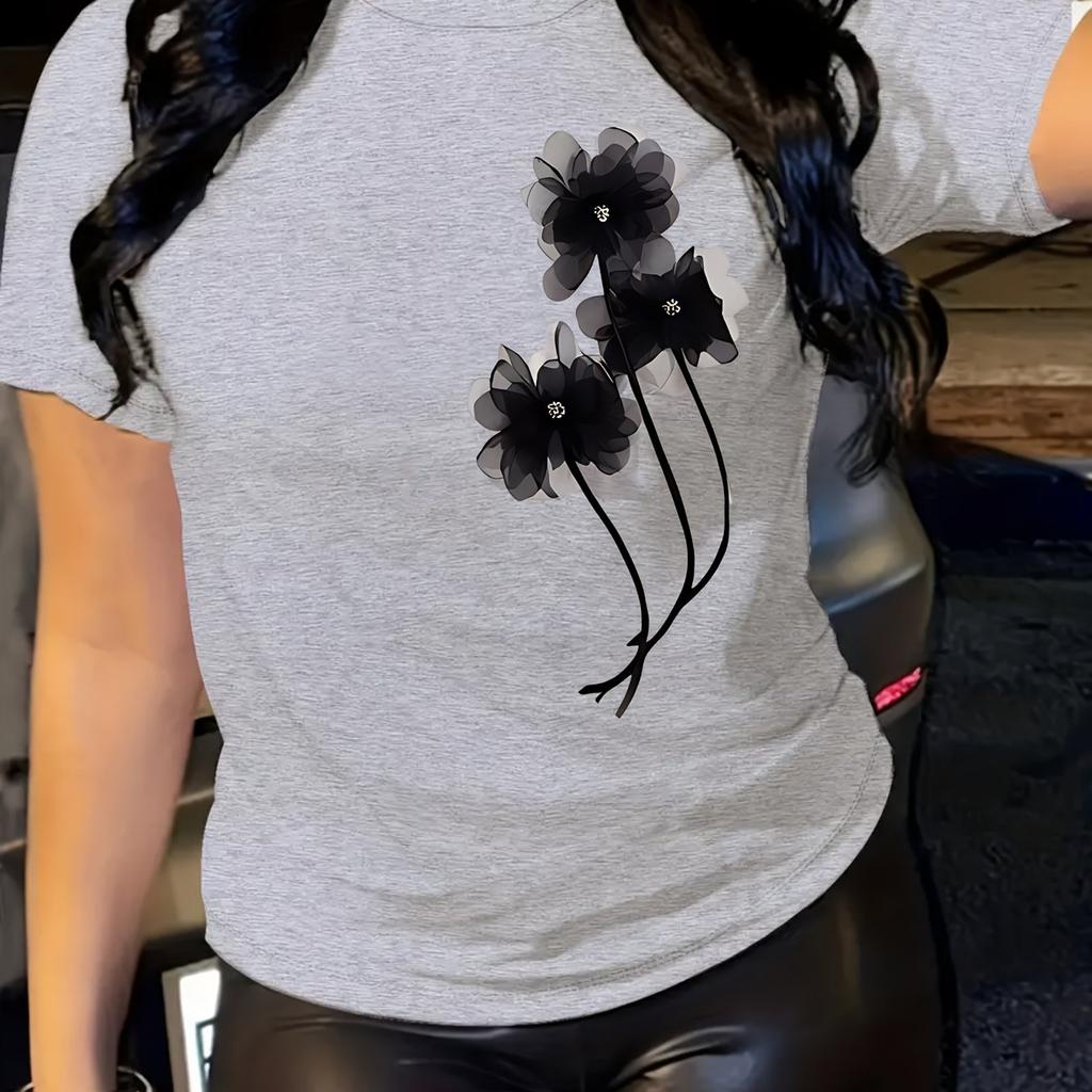 Summer Round Neck Flower Pattern Printed Top Fashionable Casual Pure Cotton Short Sleeved Women's T-shirts