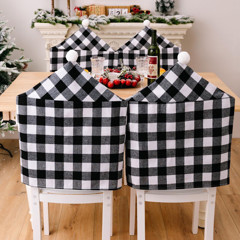 And Cozy Black White Checkered Christmas Chair Slipcover With Stylish Pom Poms For Holiday Atmosphere