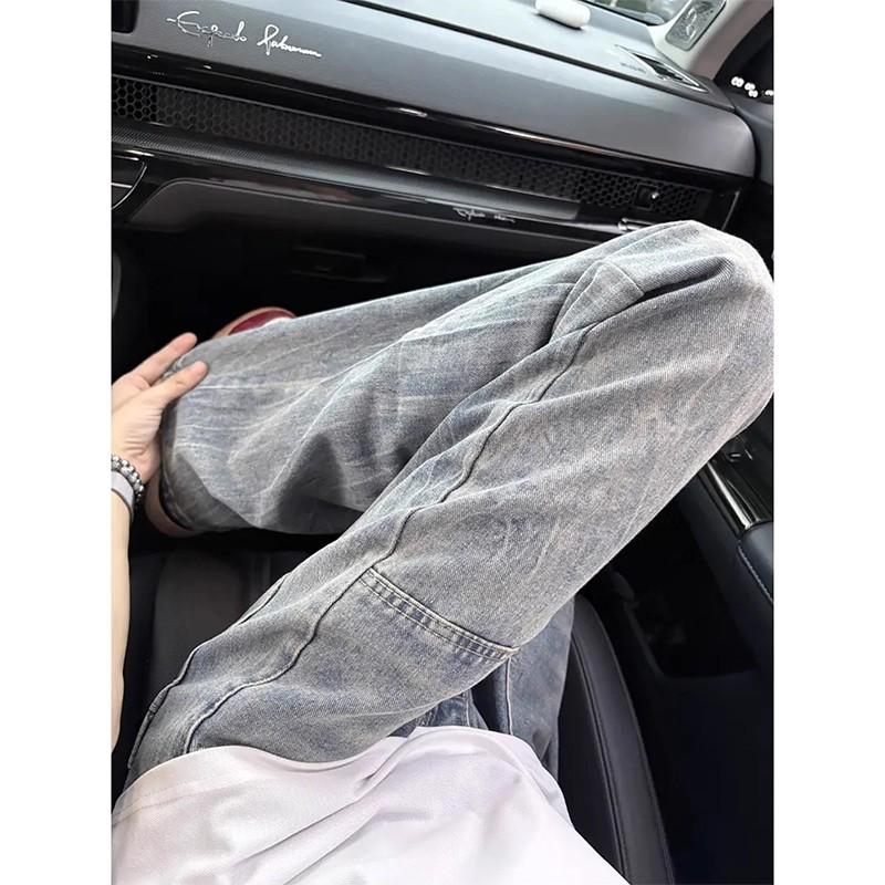 American Lightning Pattern Jeans Men's Autumn Niche Heavy Craftsmanship Straight Pants Loose Pocket Design Micro-pull Pants