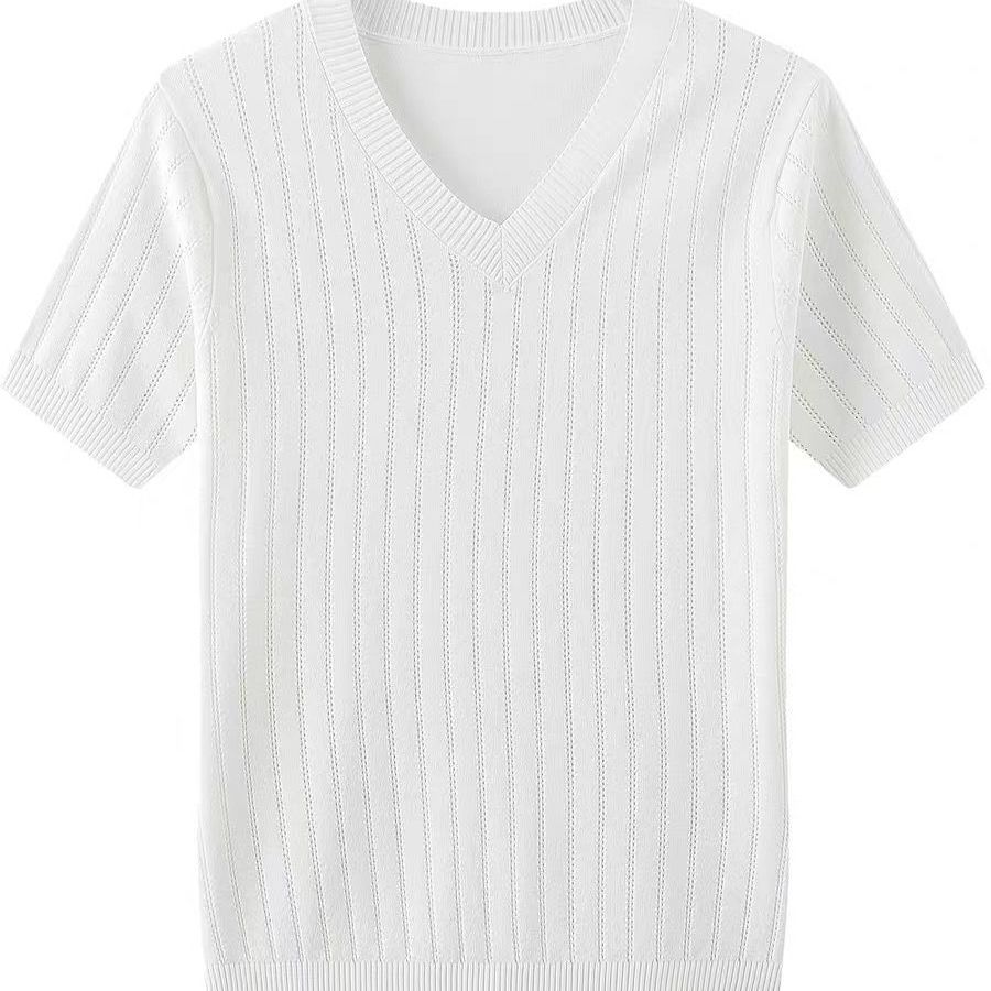 Trend Summer Solid Color V-neck Hollow Out Men's Casual Thin Ice Silk Fabric Fashion Short Sleeve Slim Knitted T-shirt Tops