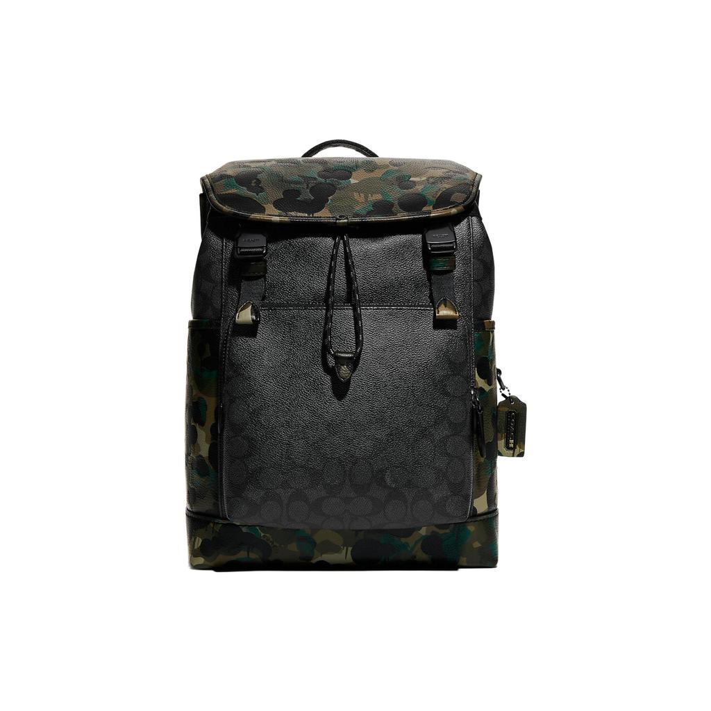 New COACH Coated Canvas With Soft Pebbled Leather Backpack Large Size Men's Black Monogram With Camouflage C9734-A5F