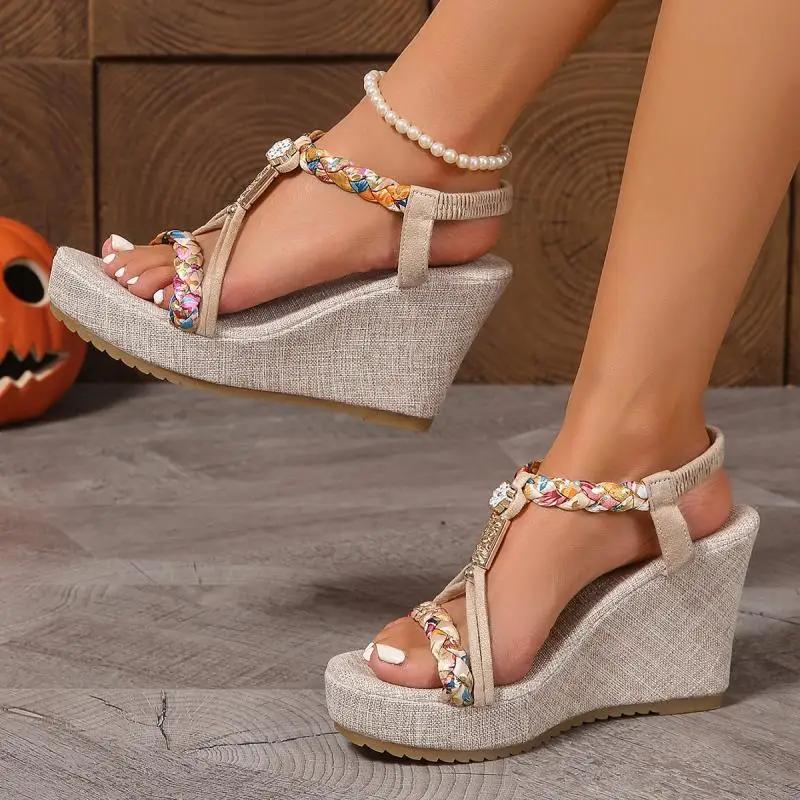 Fashion Mixed Colours Woven Spaghetti Straps Thick Platform Sandals Womens Summer Super High Heel Sandels Outdoor Beach Non-Slip Sandals