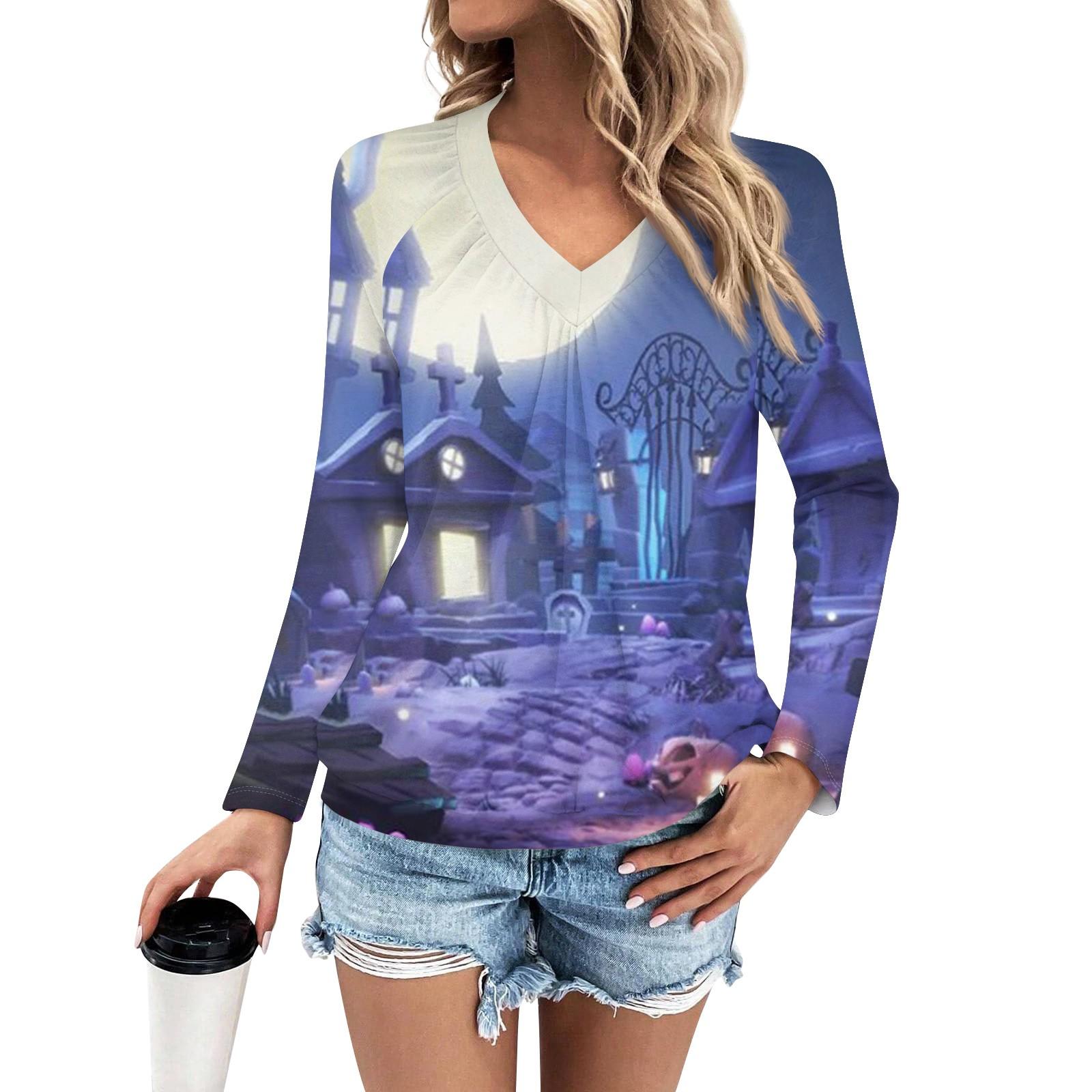 Женская мода V-образный вырез плиссированные полоски принт повседневный длинный рукав — фото 8