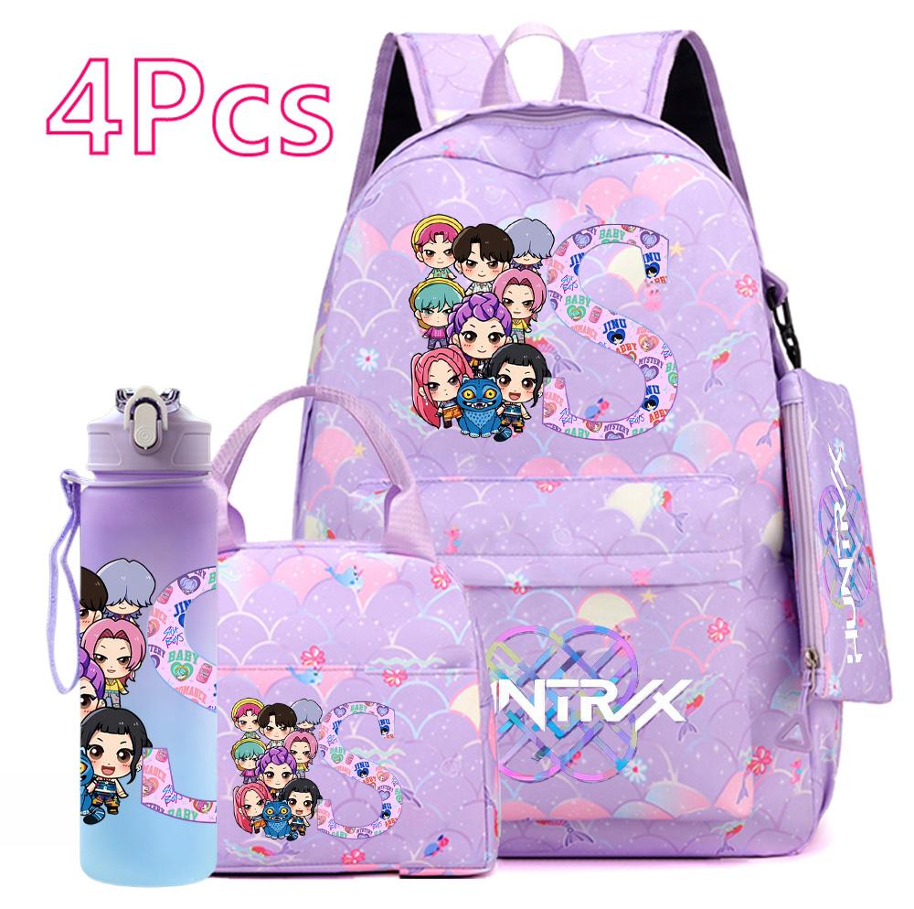 4Pcs/set 26 English Letter KPOP Printed Backpack with Handbag Pencil Case 750Ml Water Bottler for Teenager Boy Girl Large Capacity Bookbag Schoolbag