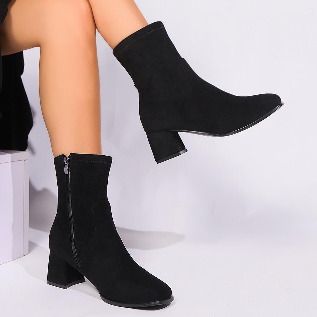Plus-size Shoes, Ankle Boots, Women's Chunk-heeled Elastic Boots, High-heeled Fashionable Square-toed Ankle Boots