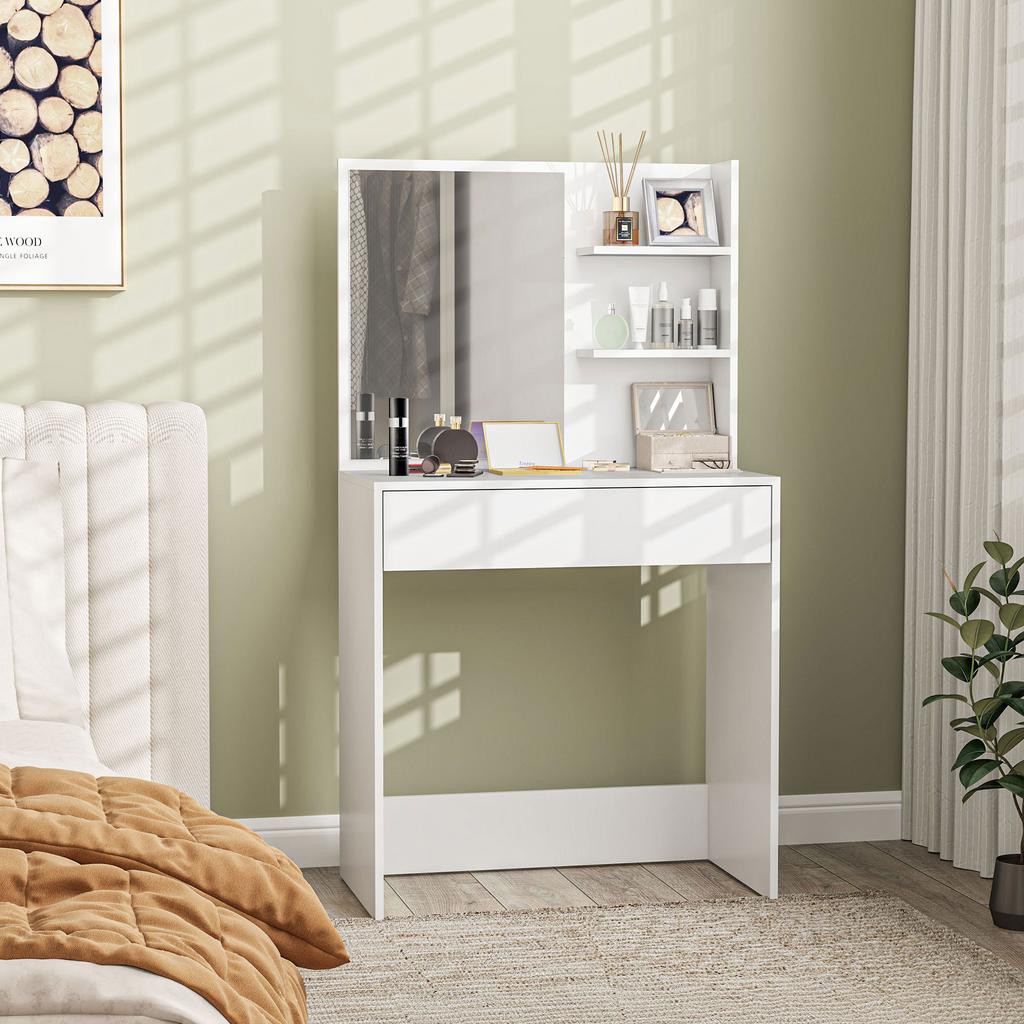 Toeletta con 3 Ripiani e Cassetti, Specchio e Sgabello, in Truciolato, 75x40x137 cm, Bianco