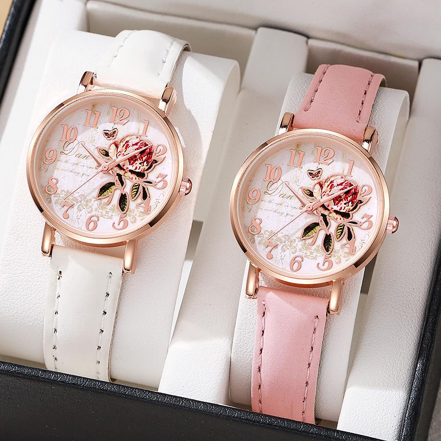 Damen PU-Lederarmband Uhr Pfingstrosen Zifferblatt Quarz Armbanduhr
