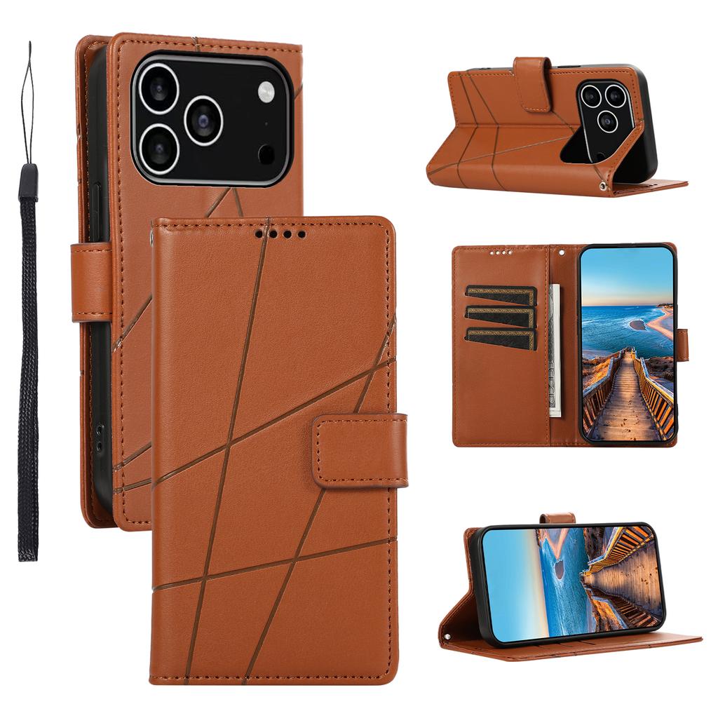 For iPhone 17 Pro Phone Case Line Imprint Leather Wallet Cover with Wrist Strap