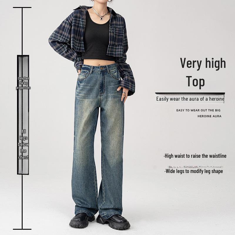 Women's High-Waist Retro Blue Wide-Leg Jeans - 2025 Summer Slim Straight Fit