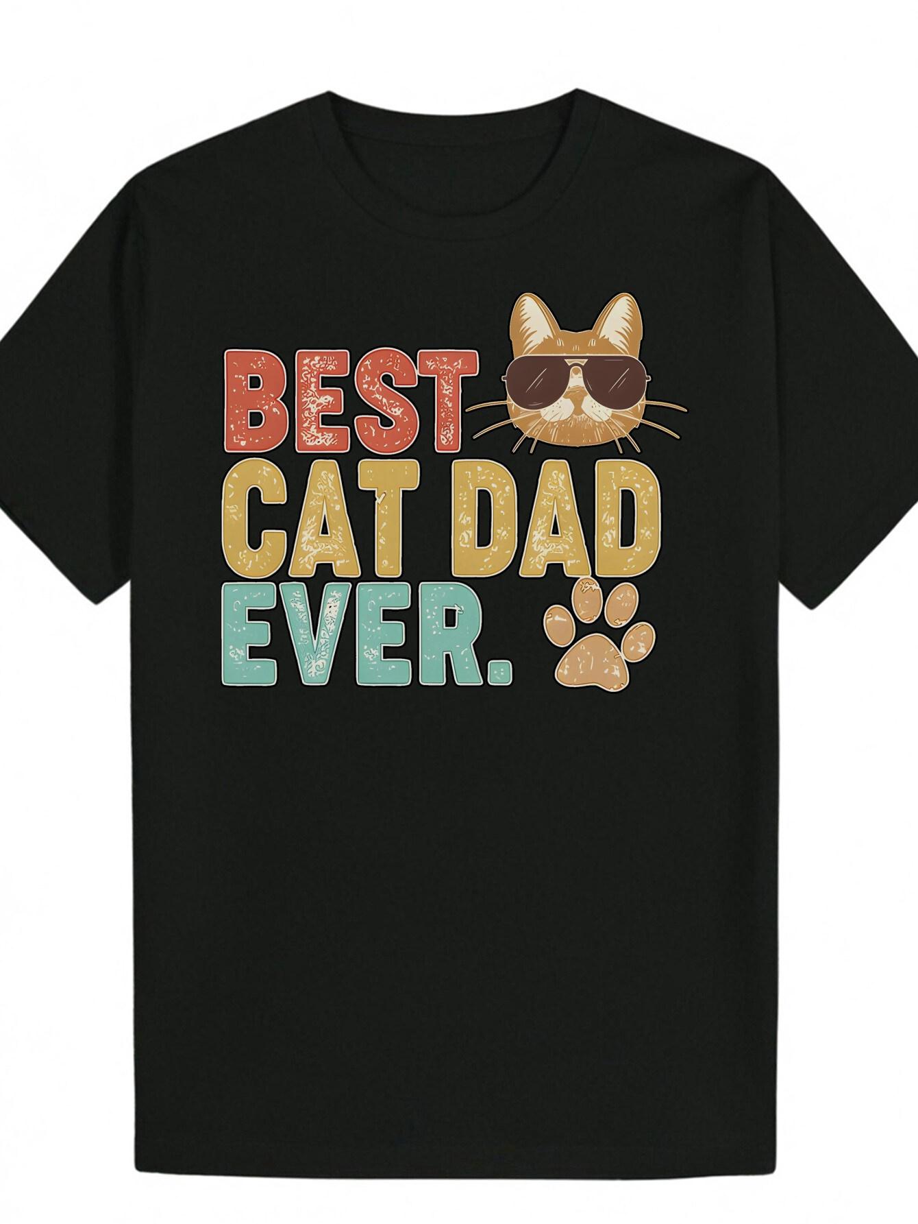Cat Dad Graphic T-shirt - Best Cat Dad Ever Slogan with Playful Fashion Glasses Cat Design L