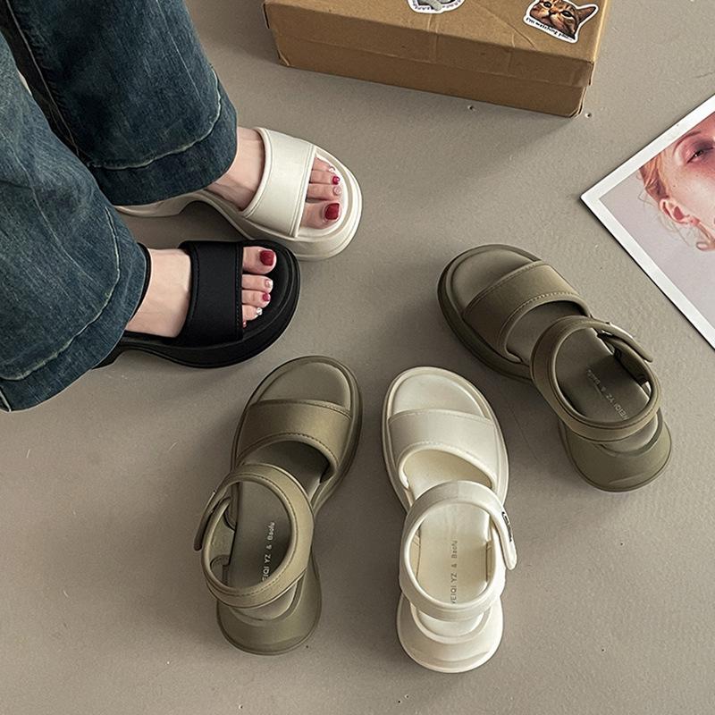 Versatile Heightening One-word Casual Wedge Sandals Women's Summer Fashion Thick-soled Round Head Velcro Roman Single Shoes