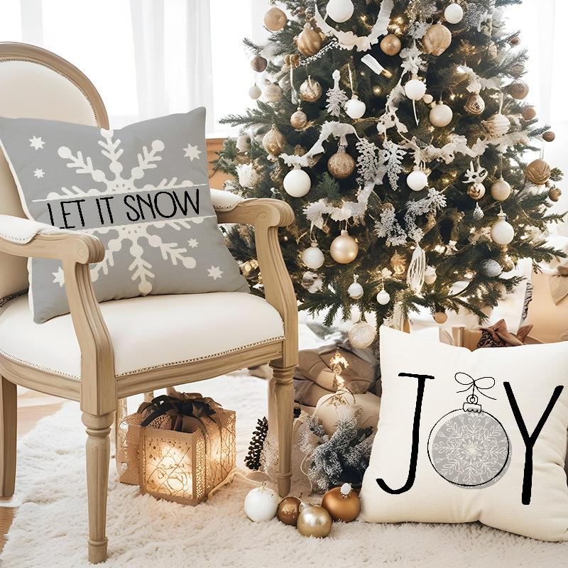New Style Gray Christmas Tree Snowflake Christmas Pillowcase Linen Print Pillowcase Festive Sofa Decoration