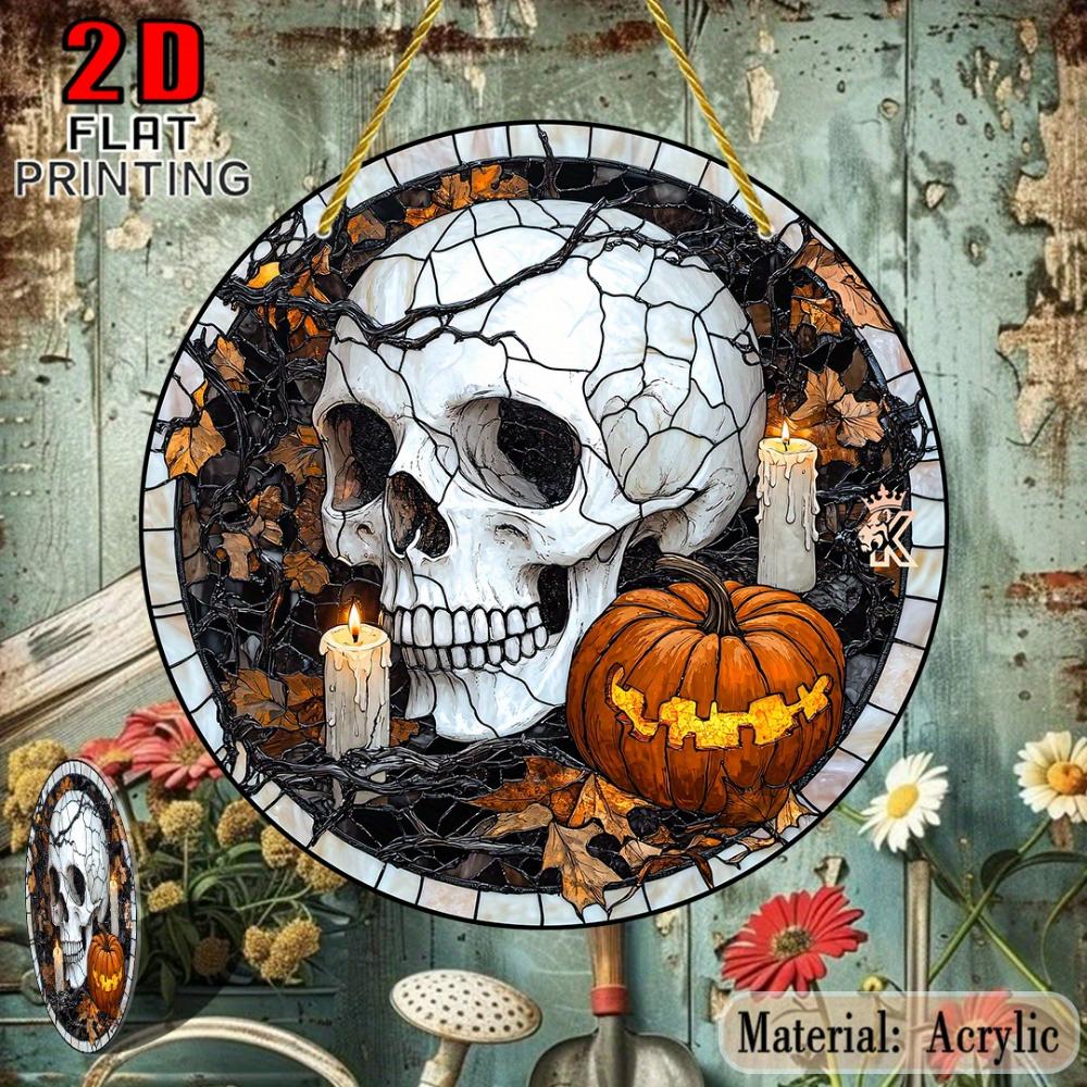 Halloween Skull and Pumpkin Stained Glass Pendant Sun Catcher -  Acrylic Garden Decoration with Candles and Fall Leaves, Outdoor Halloween Decoration,