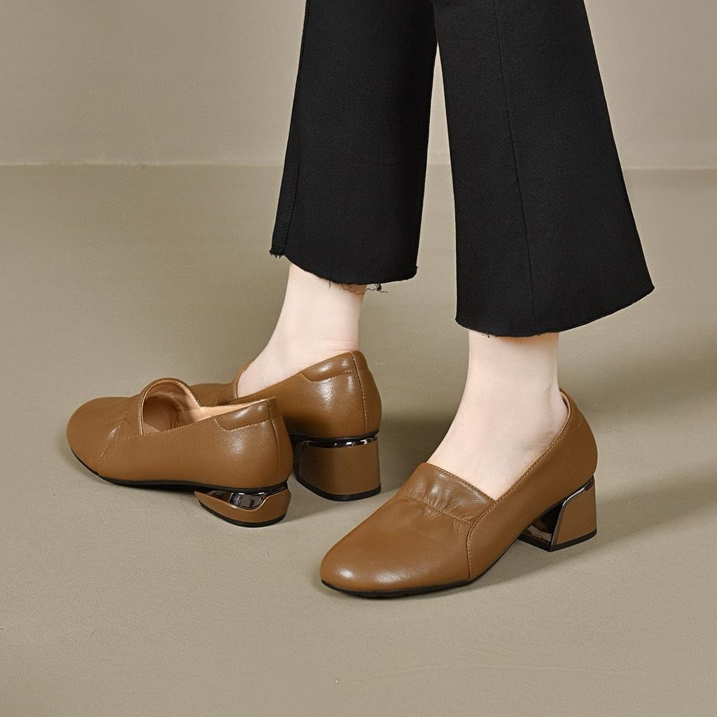 Round Head Single Shoes Women's Autumn Two Kinds of Height Ruffle Edge Shallow Mouth Women's Shoes Four Seasons Shoes Cowhide Thick Heel Work Shoes