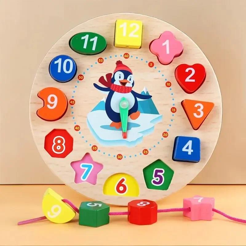 Wooden Blocks Puzzle Shape Number Color Sorting Clock Montessori Toys for Kids Early Education Penguin Patterns Time Learning