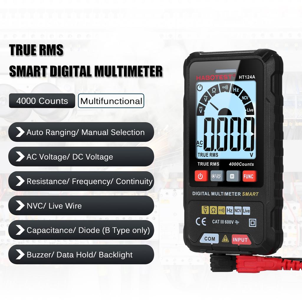 HABOTEST HT124B Smart Digital Multimeter 4000 Counts True   Auto Ranging Voltage Meter with Backlight LCD Screen 600V AC   Voltmeter Electric Test 