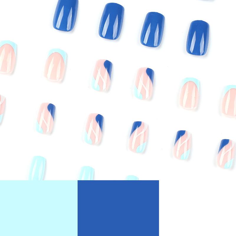 Wearable nail piece Blue French white wave nail piece Finished removable press on nails