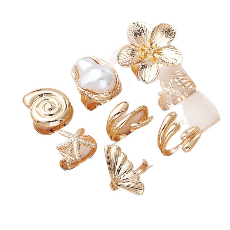 Europäischer & Amerikanischer Bestseller: Ozean Resort Muschel Schnecke & Blume Offener Ring Set - Modischer Ins Stil