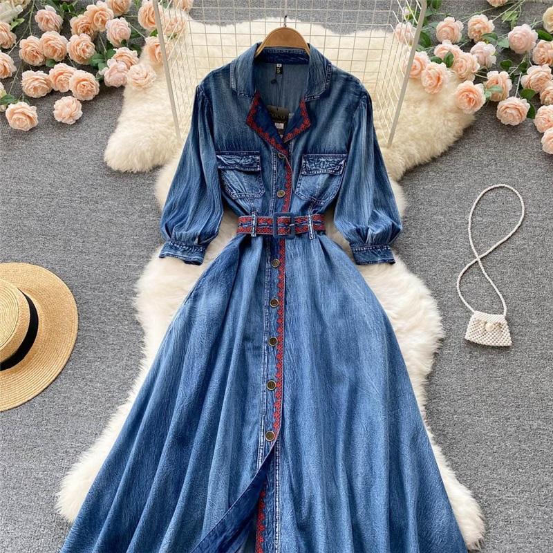 Retro džínové šaty Dámské s dlouhým rukávem Design Pas Košilové šaty Knoflík Vysoký pas Šaty