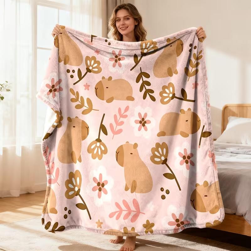 Cute Capybara BedspreadBlanket Cover - Soft Flannel Bedspread with Capybara Floral Print All-Season Cozy Comforter Cover for Bed