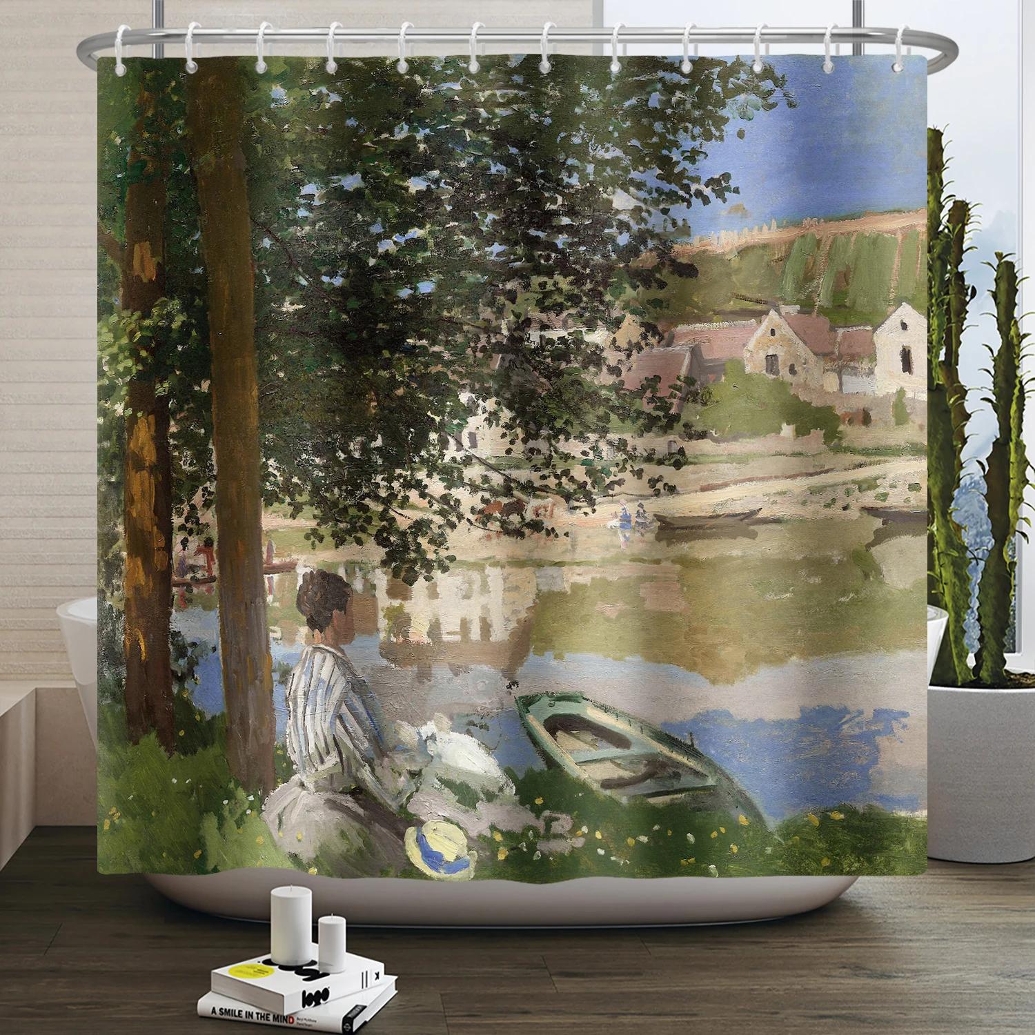 

Abstract Artistic Oil Painting Shower Curtain Landscape Washable Print Pattern Bathroom Curtains Aesthetic Room Decor Curtains W60H190(CM)-1 Pcs
