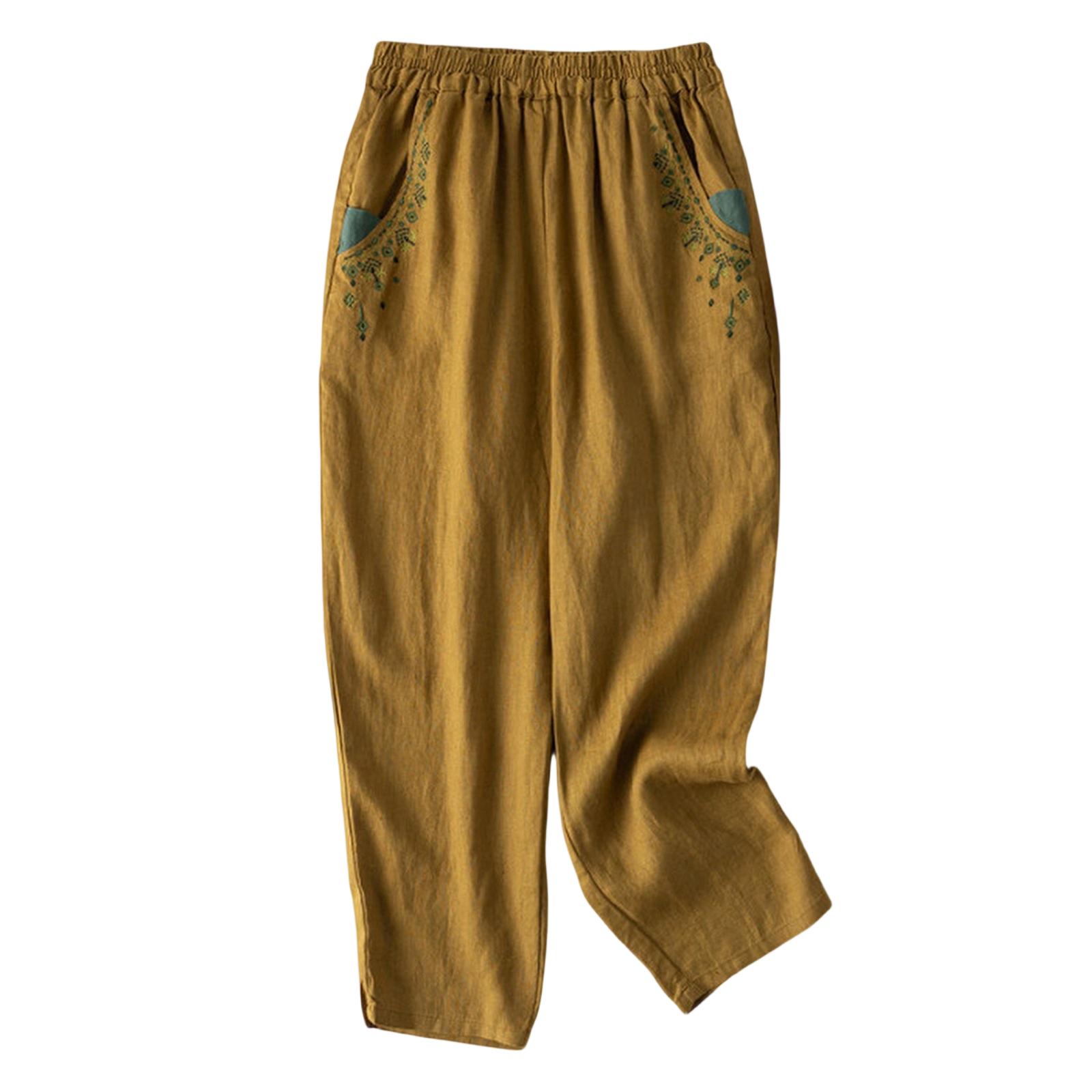 Женские ретро вышитые свободные универсальные повседневные прямые укороченные брюки M