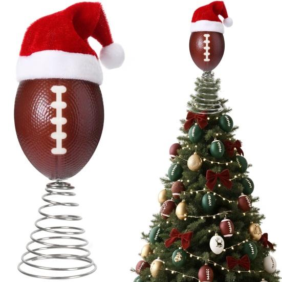 Rugby Christmas Tree Topper with Santa Hat Spring Base Bouncing Sports Ornament