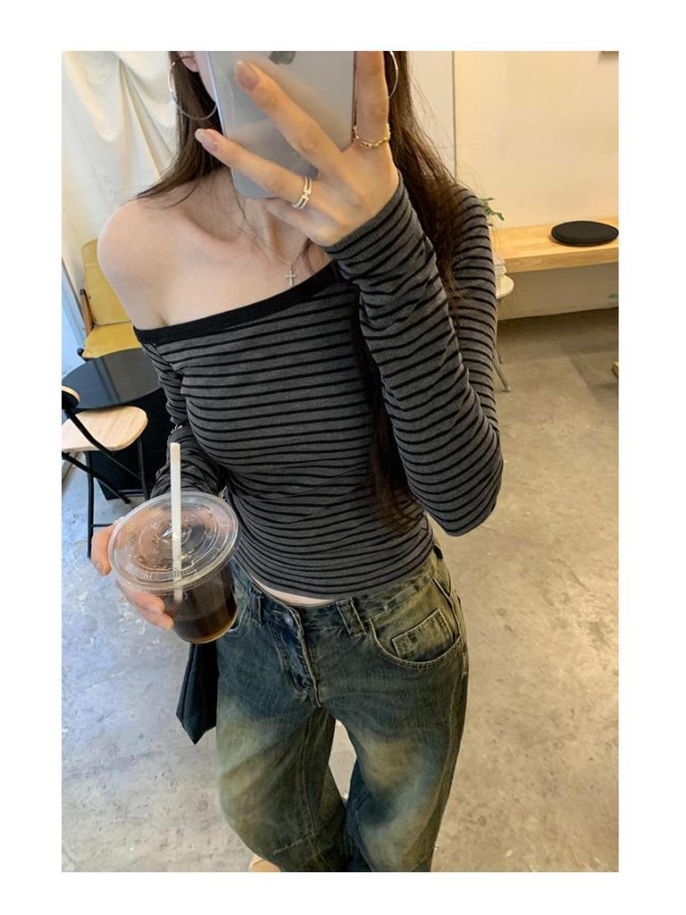 Chic Gray Striped One-Shoulder Long-Sleeve T-Shirt - Women's Autumn Korean Style Slim Fit Off-Shoulder Top